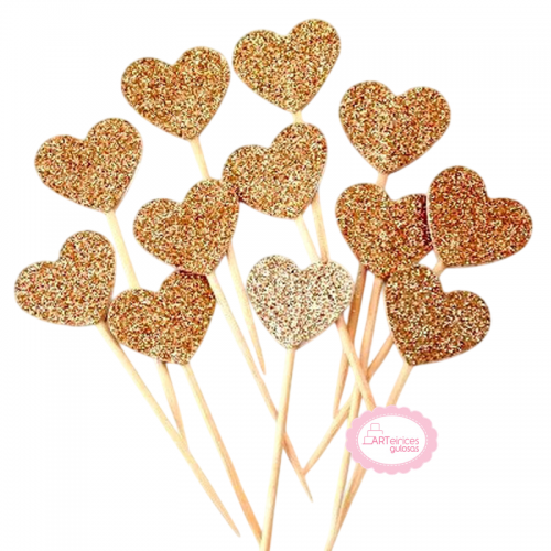 Mini Toppers Coração Glitter Ouro